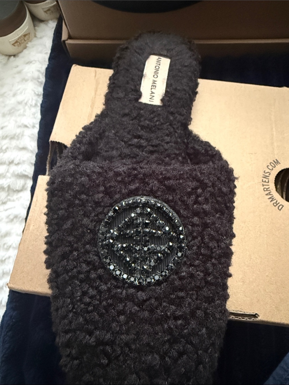 ANTONIO MELANI Black Faux-Shearling Slide with Beaded Medallion